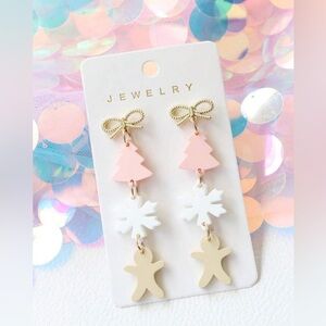 1 Pair - Bow Christmas Tree, Snowflake, Gingerbread Design, Long Dangle Earrings